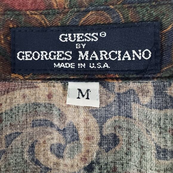 VTG Guess By Marciano Shirt Mens Med Floral Brown Paisley Made USA Button Pocket - Picture 4 of 7
